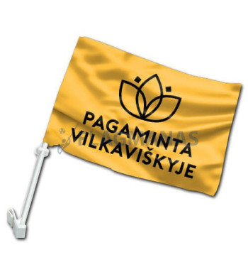Geltona „Pagaminta Vilkaviškyje“ automobilinė vėliavėlė su koteliu